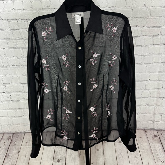 J. Marco Tops - J. Marco Black Sheer Embroidered Flowers Button Down Blouse Size Large